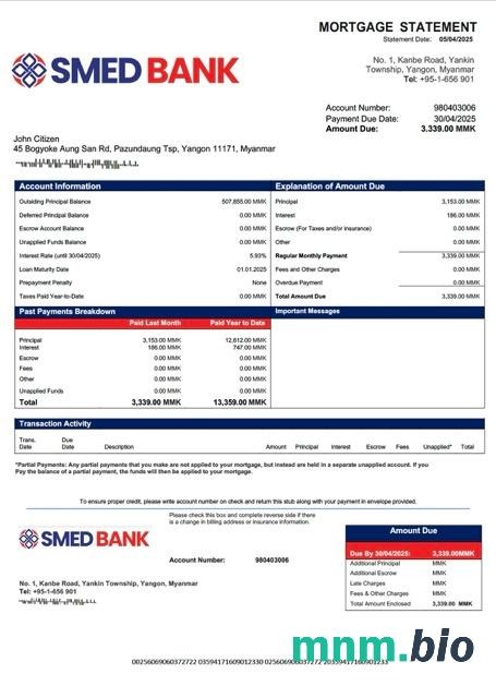 Myanmar SME Development Bank wyciąg z kredytu hipotecznego szablon Word i PDF
